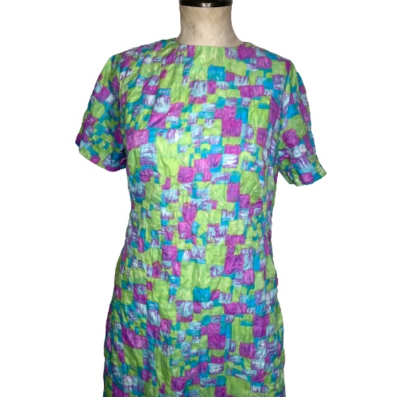 1970s Mod Neon Dress Size Medium quilt print colorful shift - Picture 4 of 14